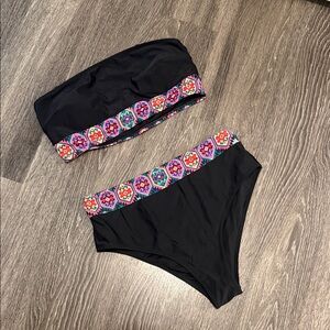 Black Strapless Bikini with Colorful Geometric Trim